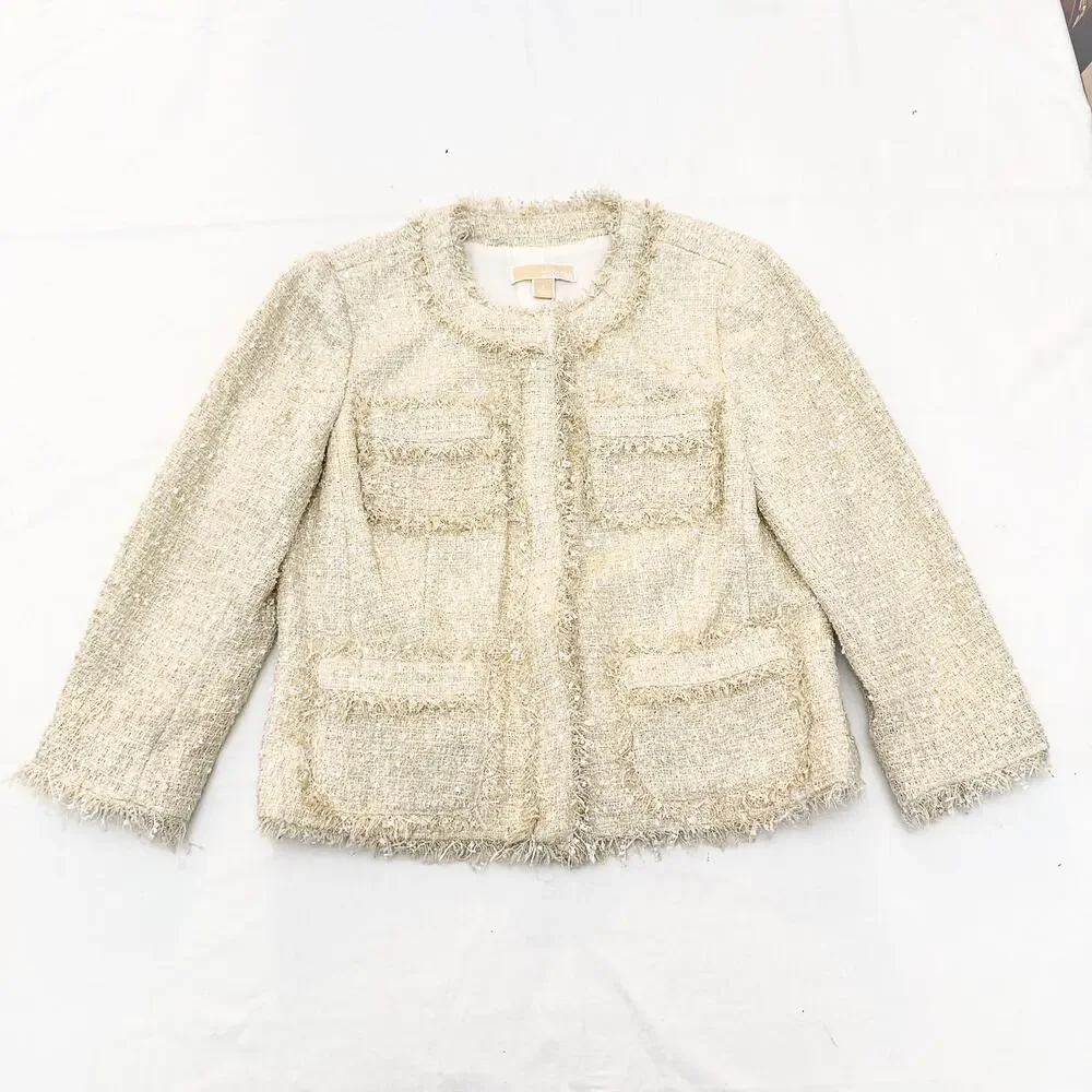 Michael Kors Woven Style Tweed Fringe Blazer Cream Gold Size Medium